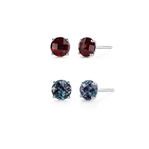 18k White Gold Plated 1/2Ct Created Garnet and Alexandrite 2 Pair Round Stud Earrings