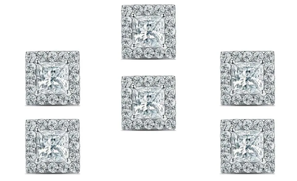 18k White Gold Plated 2Ct Princess Cut White Sapphire Set of Three Halo Stud Earrings