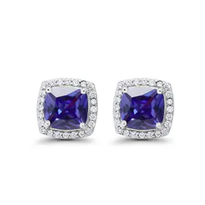 18k White Gold Plated 3 Ct Created Halo Princess Cut Blue Sapphire Stud Earrings