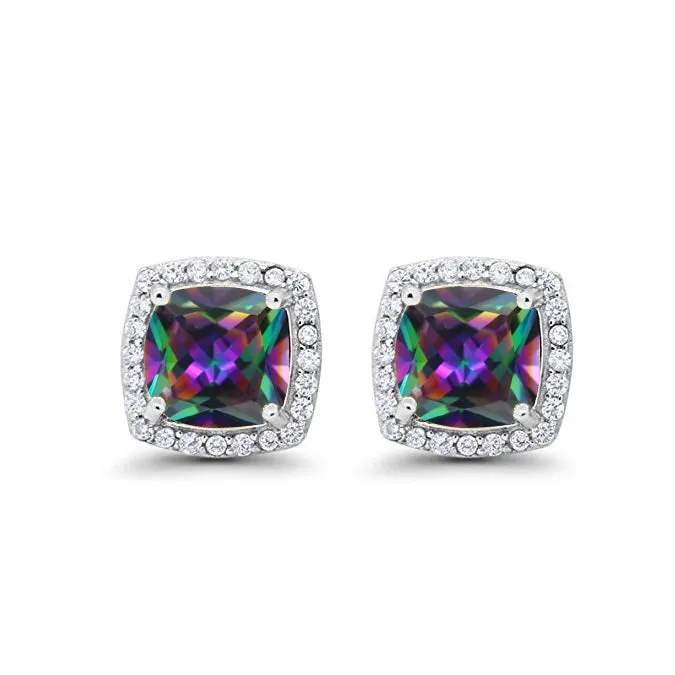 18k White Gold Plated 3 Ct Created Halo Princess Cut Mystic Topaz Stud Earrings