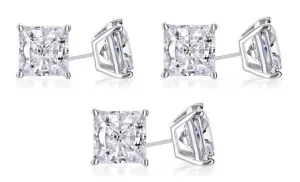 18k White Gold Plated 3Ct Princess Cut White Sapphire Set Of Three Stud Earrings