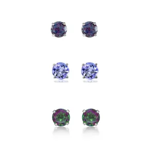 18k White Gold Plated 4Ct Created Alexandrite, Tanzanite and Mystic Topaz 3 Pair Round Stud Earrings