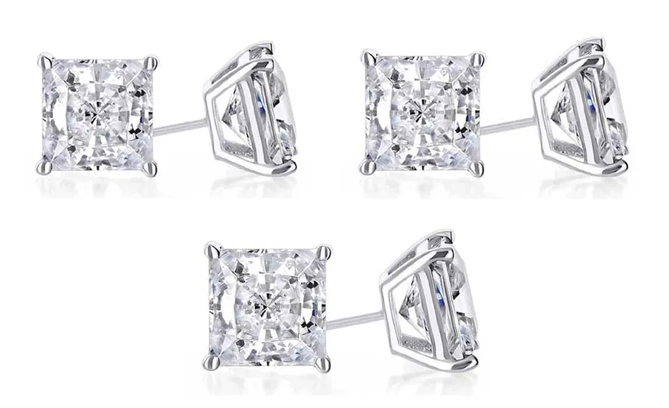 18k White Gold Plated 4mm 1/2Ct Princess Cut White Sapphire Set Of Three Stud Earrings