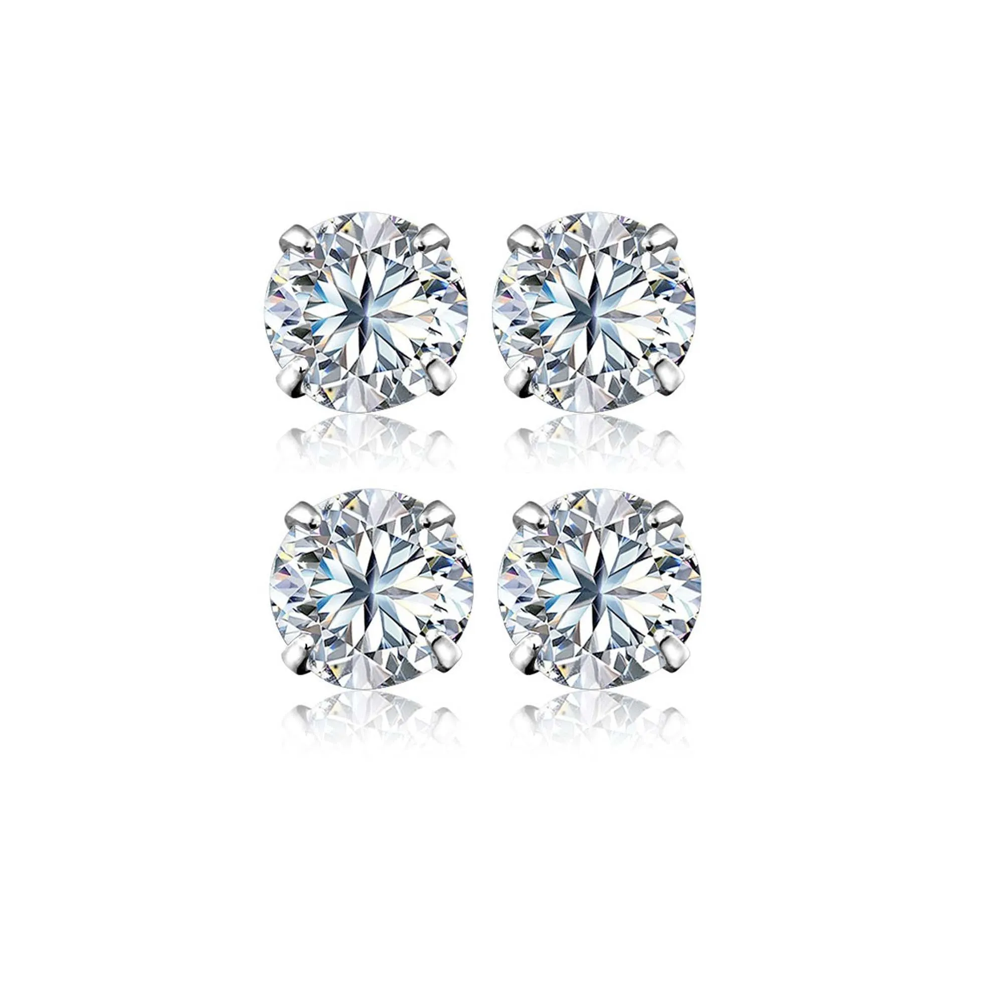 18k White Gold Plated 4mm 1/2Ct Round White Sapphire Set Of Two Stud Earrings