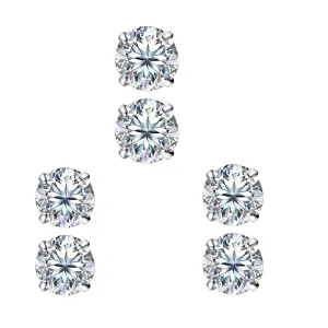 18k White Gold Plated 4mm 1Ct Round White Sapphire Set Of Three Stud Earrings