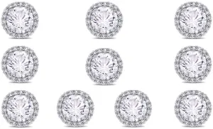 18k White Gold Plated 4mm 3Ct Round White Sapphire Set Of Five Halo Stud Earrings