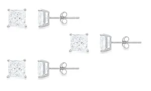 18k White Gold Plated Created White Sapphire 1/2Ct Princess Cut Set Of Three Stud Earrings