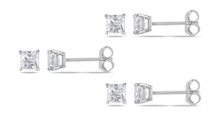 18k White Gold Plated Created White Sapphire 2Ct Square Cut Set of Three Stud Earrings