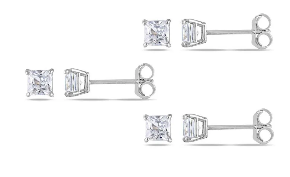 18k White Gold Plated Created White Sapphire 2Ct Square Cut Set of Three Stud Earrings