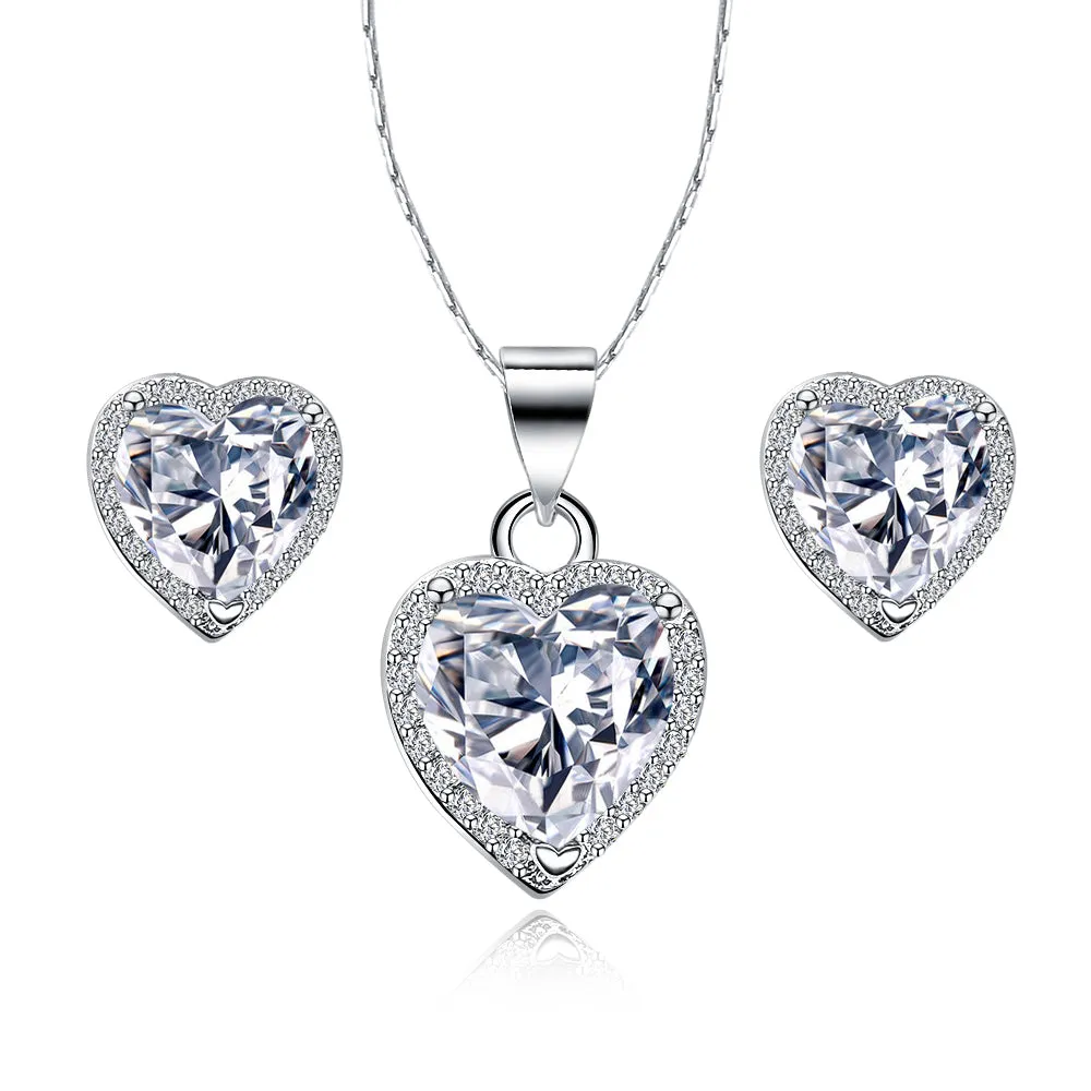 18k White Gold Plated Heart 3 Carat Created Cubic Zirconia Full Set Necklace 18 inch