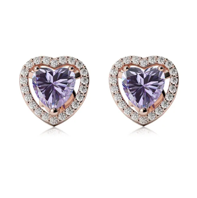 24k Rose Gold Plated 2 Ct Created Halo Heart Tanzanite Stud Earrings