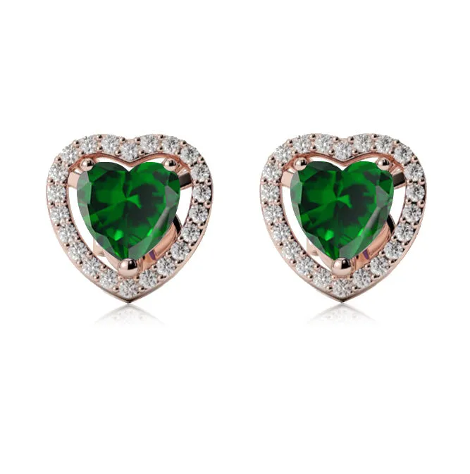 24k Rose Gold Plated 4 Ct Created Halo Heart Emerald Stud Earrings