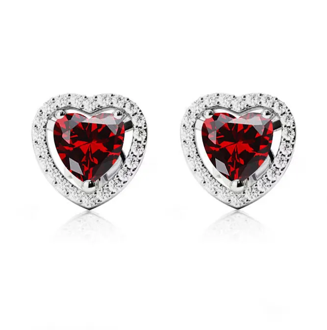 24k White Gold Plated 1/2 Ct Created Halo Heart Garnet Stud Earrings