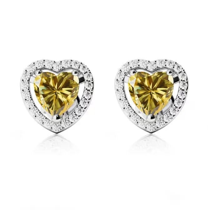 24k White Gold Plated 2 Ct Created Halo Heart Yellow Sapphire Stud Earrings