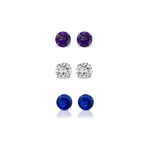 24k White Gold Plated 2Ct Created Amethyst, White Sapphire and Blue Sapphire 3 Pair Round Stud Earrings