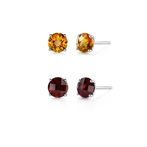 24k White Gold Plated 4Ct Created Citrine and Garnet 2 Pair Round Stud Earrings