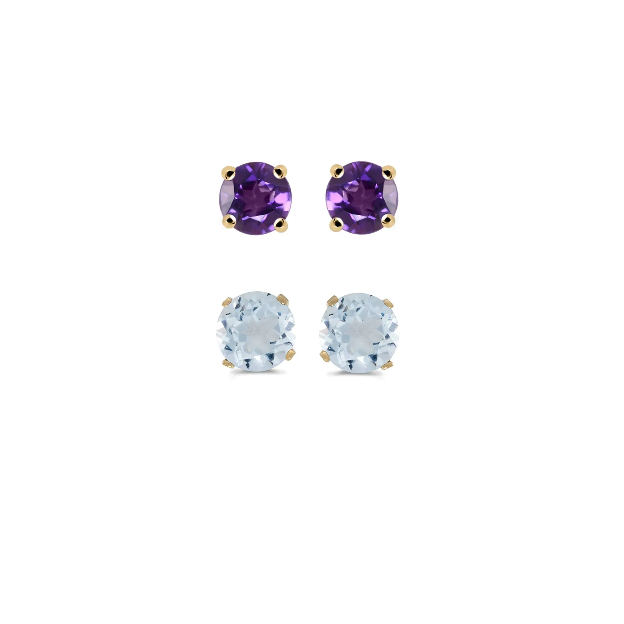 24k Yellow Gold Plated 4Ct Created Amethyst and Aquamarine 2 Pair Round Stud Earrings