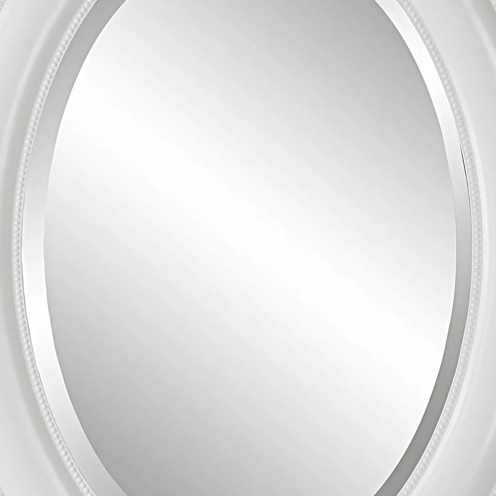 29 Inch Wood Wall Mirror, Beaded Oval Shape, White By Casagear Home