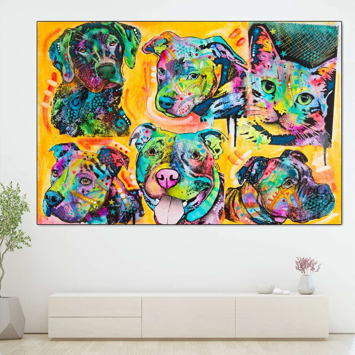 5 Dogs And A Cat Wall Art