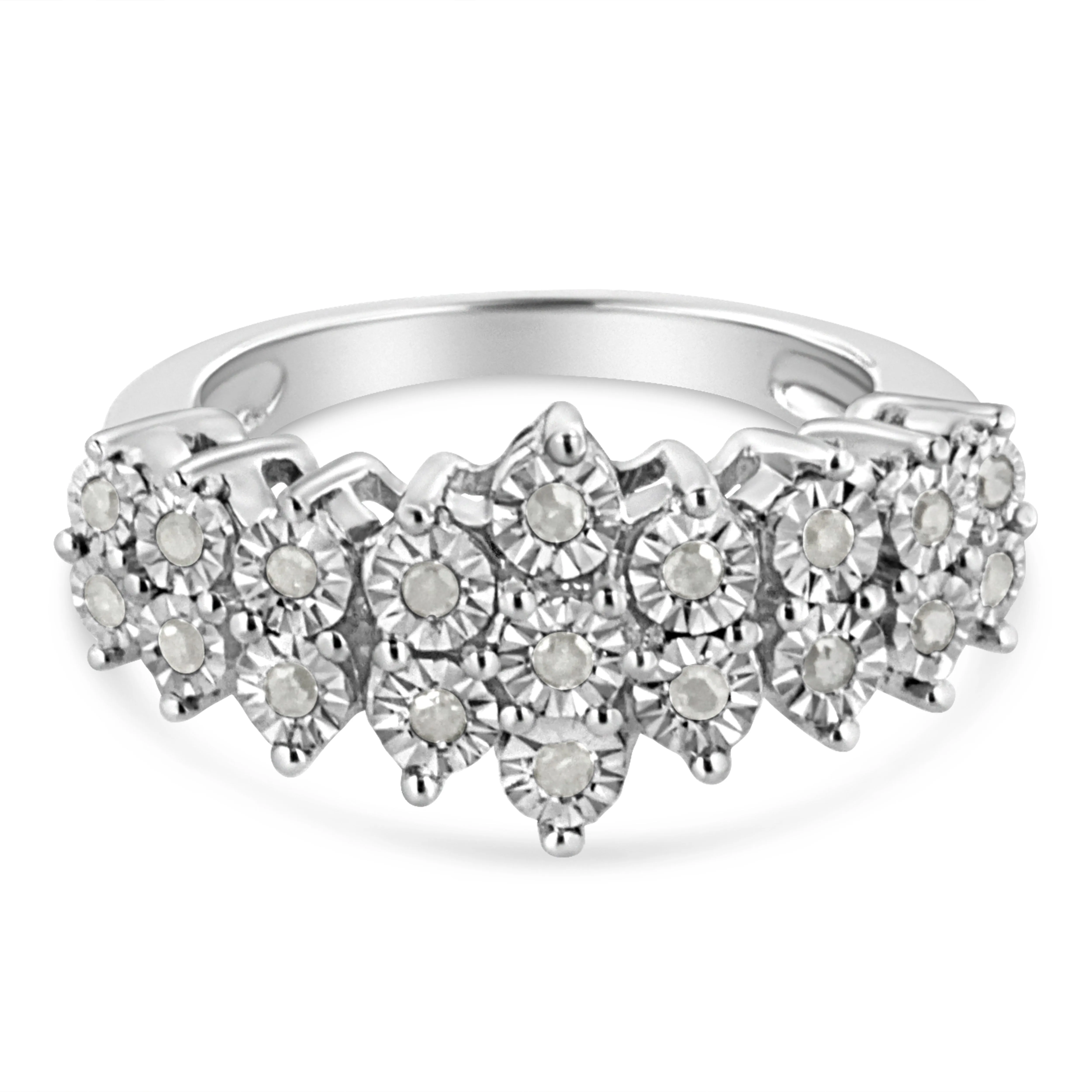 .925 Sterling Silver 1/4 Cttw Miracle Plate Set Round-Cut Diamond Two Row Band Ring