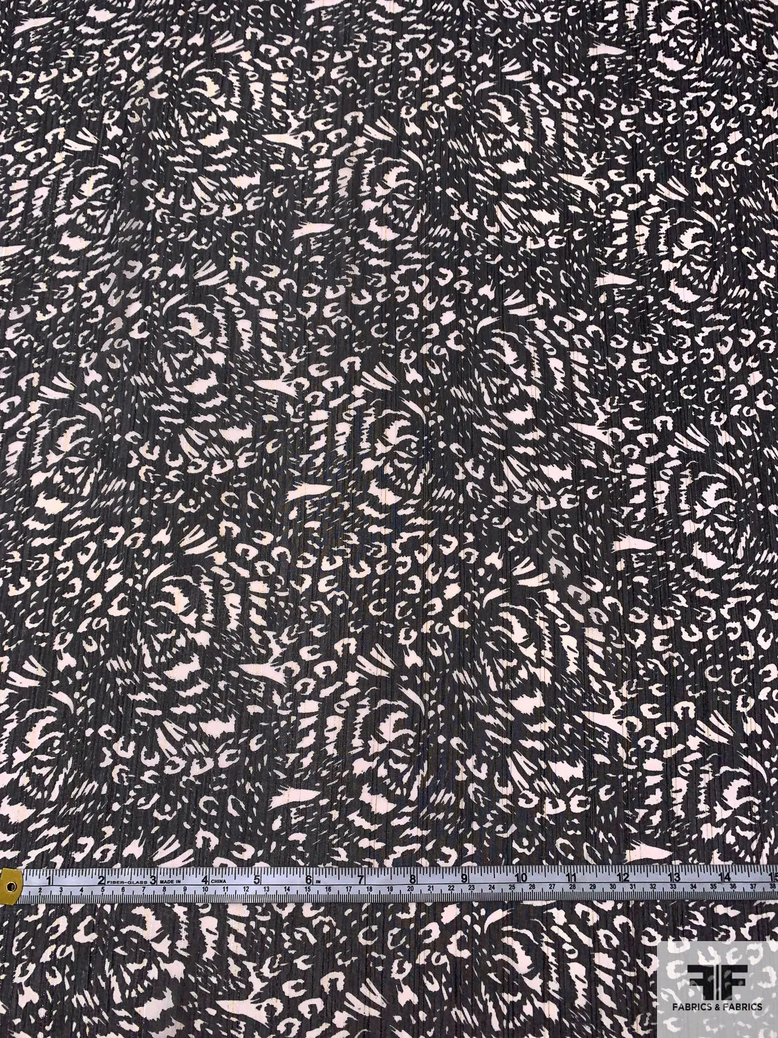 Abstract Printed Polyester Chiffon with Fine Lurex Pinstripes - Black / Off-White / Gold