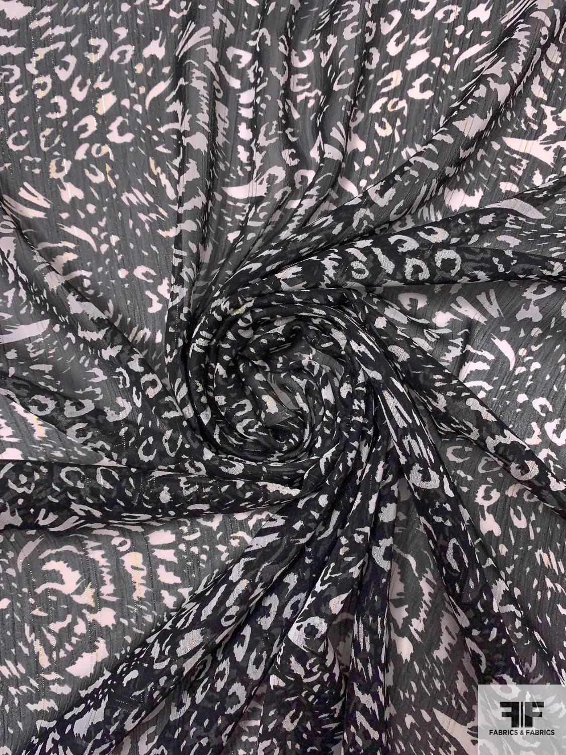 Abstract Printed Polyester Chiffon with Fine Lurex Pinstripes - Black / Off-White / Gold