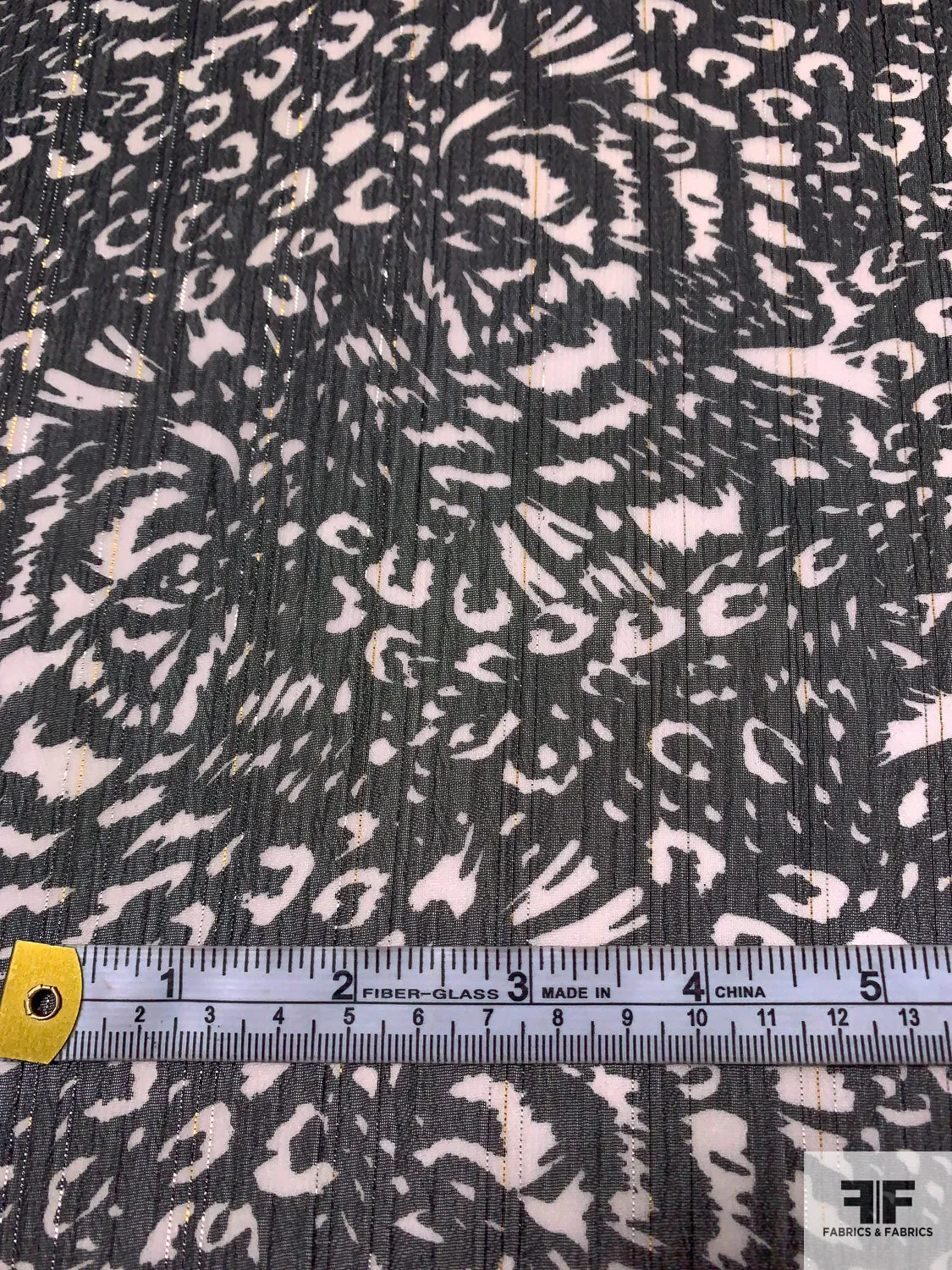 Abstract Printed Polyester Chiffon with Fine Lurex Pinstripes - Black / Off-White / Gold