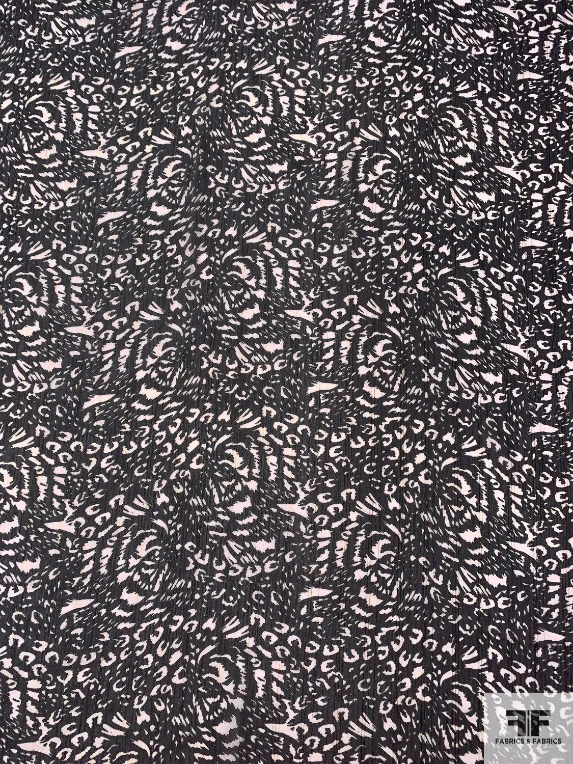 Abstract Printed Polyester Chiffon with Fine Lurex Pinstripes - Black / Off-White / Gold