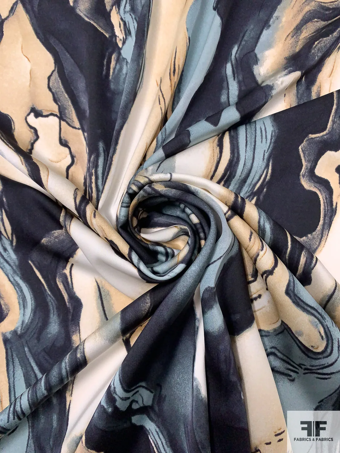 Abstract Wavy Inspired Printed Polyester Charmeuse - Dusty Seafoam / Navy / Tan / Ivory