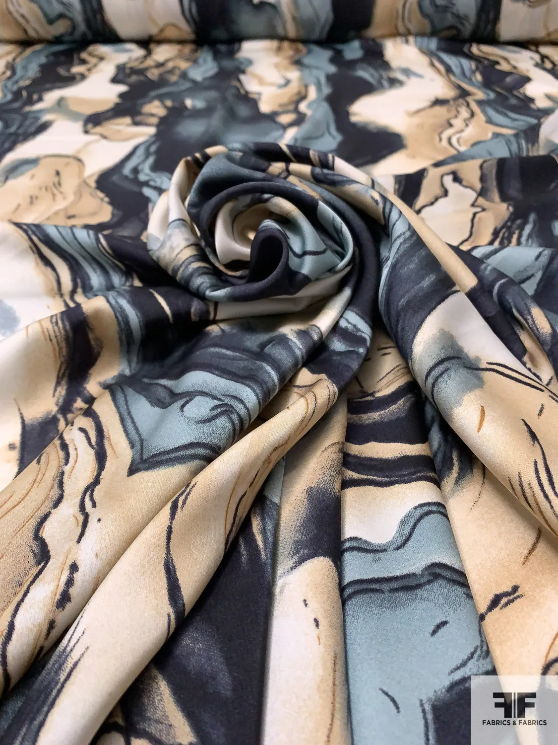 Abstract Wavy Inspired Printed Polyester Charmeuse - Dusty Seafoam / Navy / Tan / Ivory