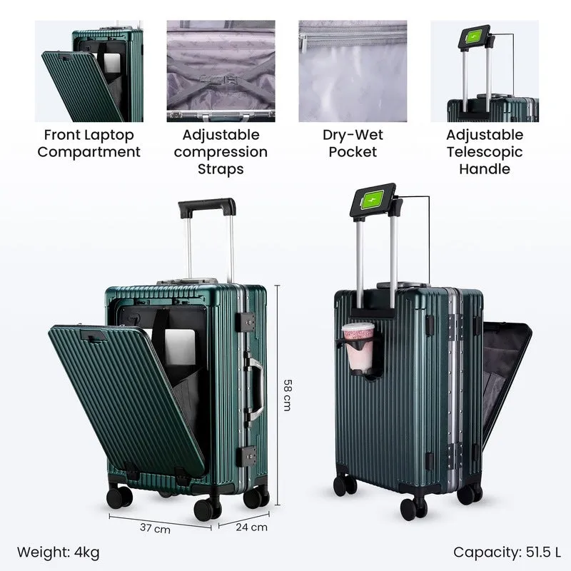 Ambassador Series Carry-On Luggage PolyCarbonate Hard Case Suitcase Eight Spinner Wheel Trolley Bag with TSA Lock, USB, Mobile Holder, Cup Holder- Forest Green (56 cm-22 inch)