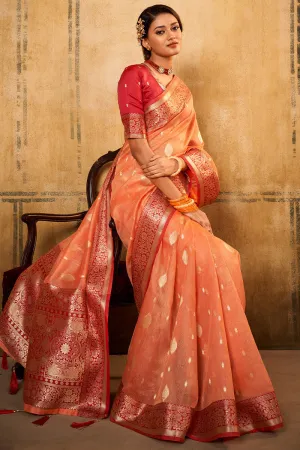 Apricot Peach Banarasi Tissue Silk Saree