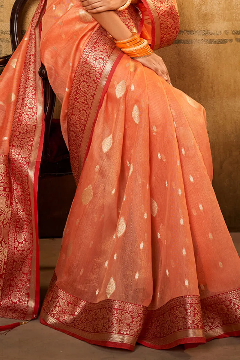 Apricot Peach Banarasi Tissue Silk Saree