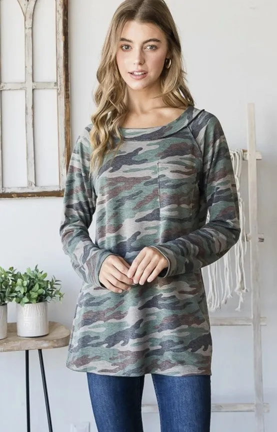 Army Green/Brown Camo Top w/Round Neck - #8516-8521