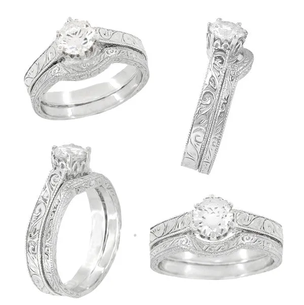 Art Deco Filigree Scrolls 1/4 Carat Crown Engagement Ring Setting in White Gold