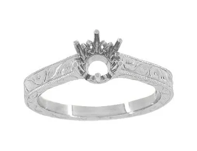 Art Deco Filigree Scrolls 1/4 Carat Crown Engagement Ring Setting in White Gold