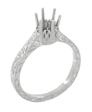 Art Deco Filigree Scrolls 1/4 Carat Crown Engagement Ring Setting in White Gold