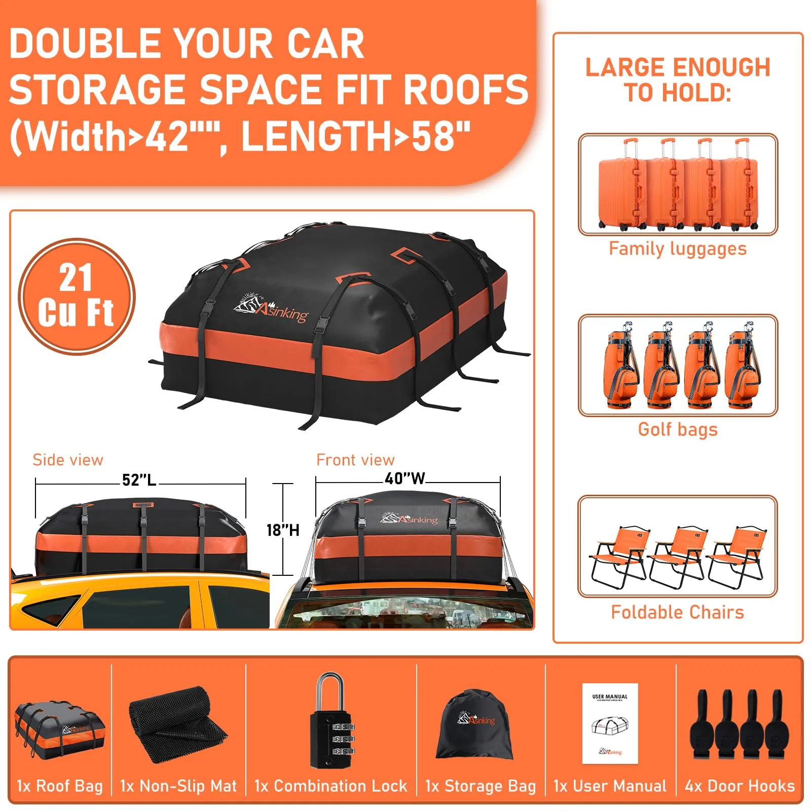 Asinking Car Roof Bag Rooftop top Cargo Carrier Bag 21 Cubic feet Waterproof for All Cars with/Without Rack, Includes Anti-Slip Mat, 10 Reinforced Straps, 6 Door Hooks, Luggage Lock