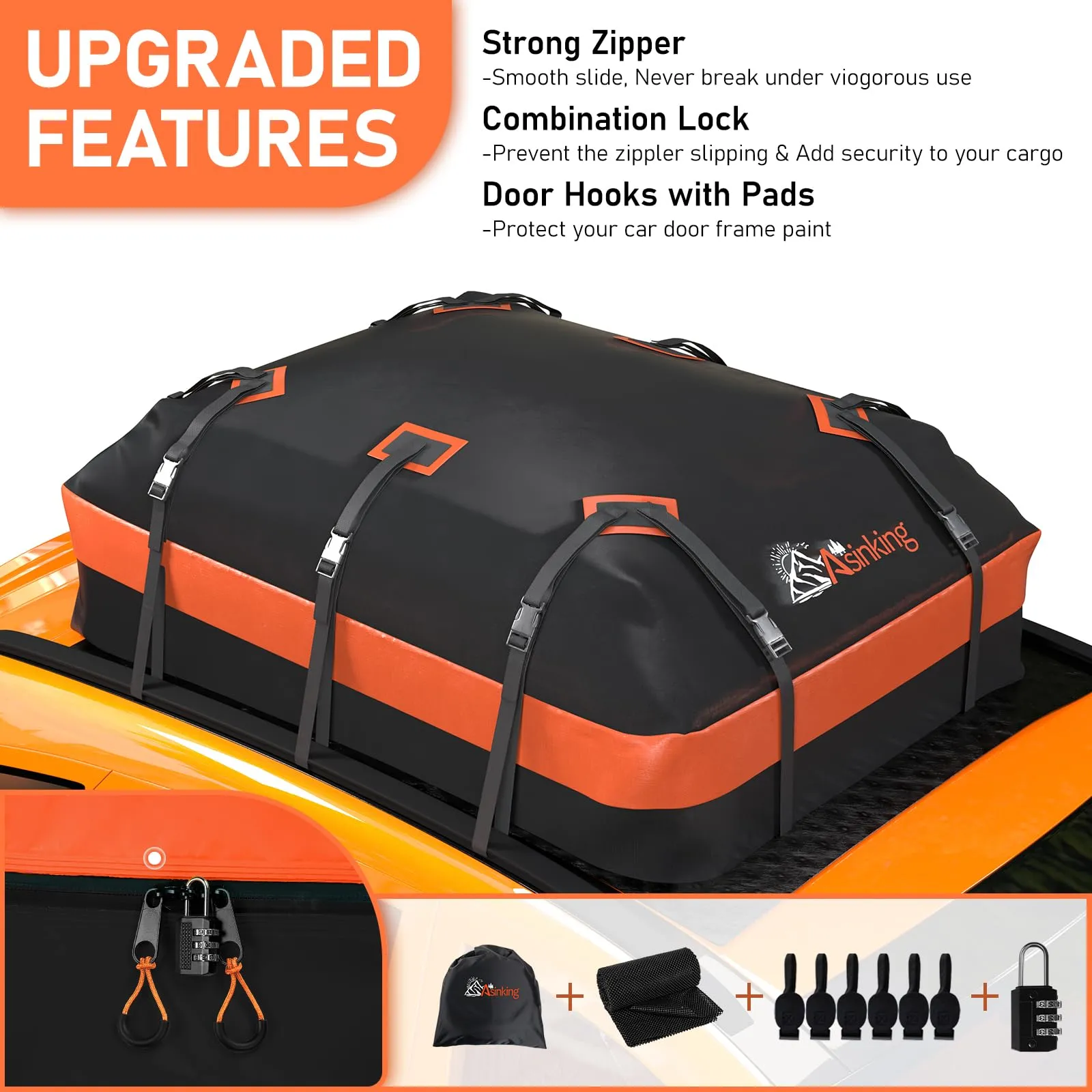 Asinking Car Roof Bag Rooftop top Cargo Carrier Bag 21 Cubic feet Waterproof for All Cars with/Without Rack, Includes Anti-Slip Mat, 10 Reinforced Straps, 6 Door Hooks, Luggage Lock