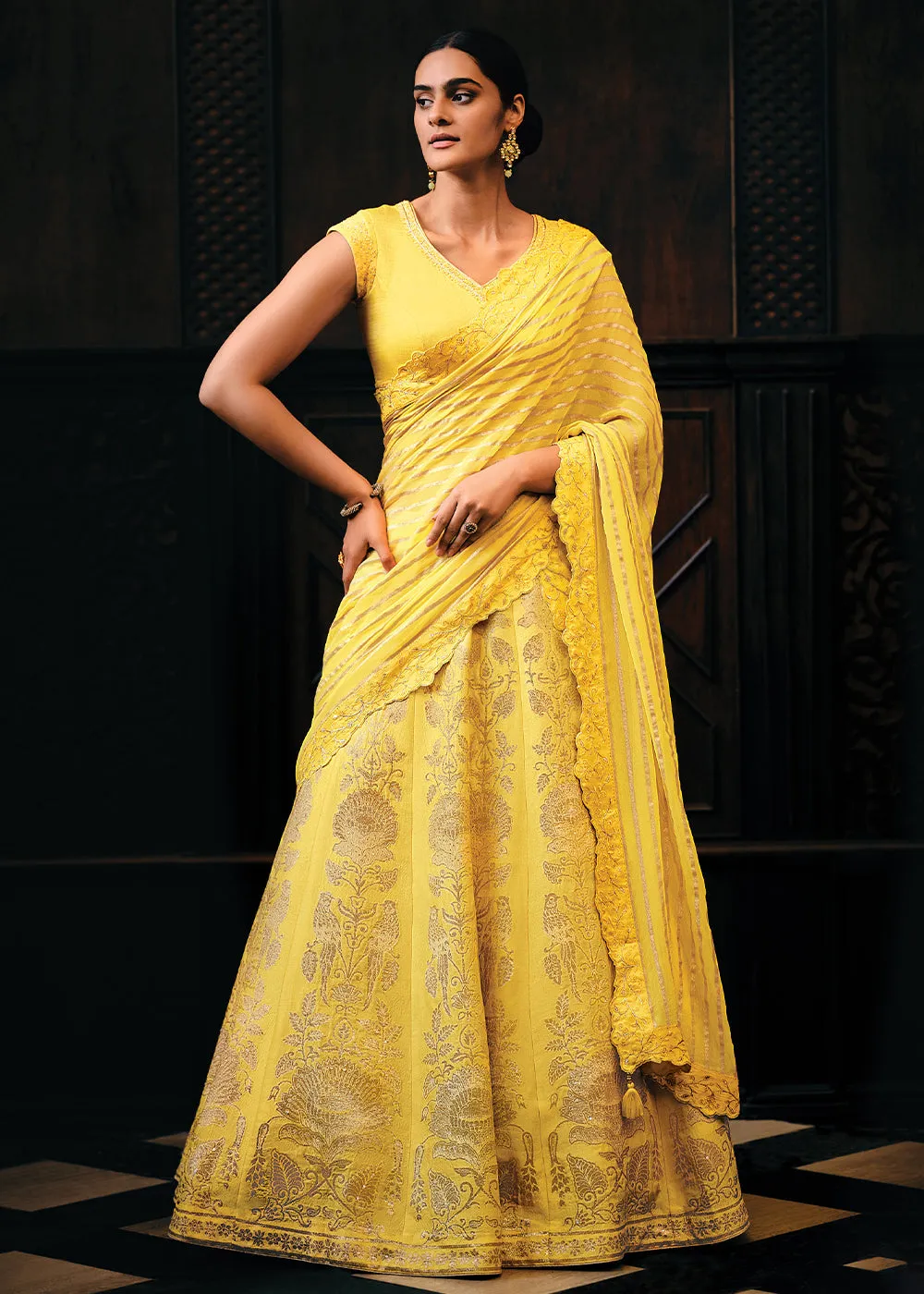 Aureolin Yellow Viscose Silk Lehenga Choli With Heavy Handwork Embroidery