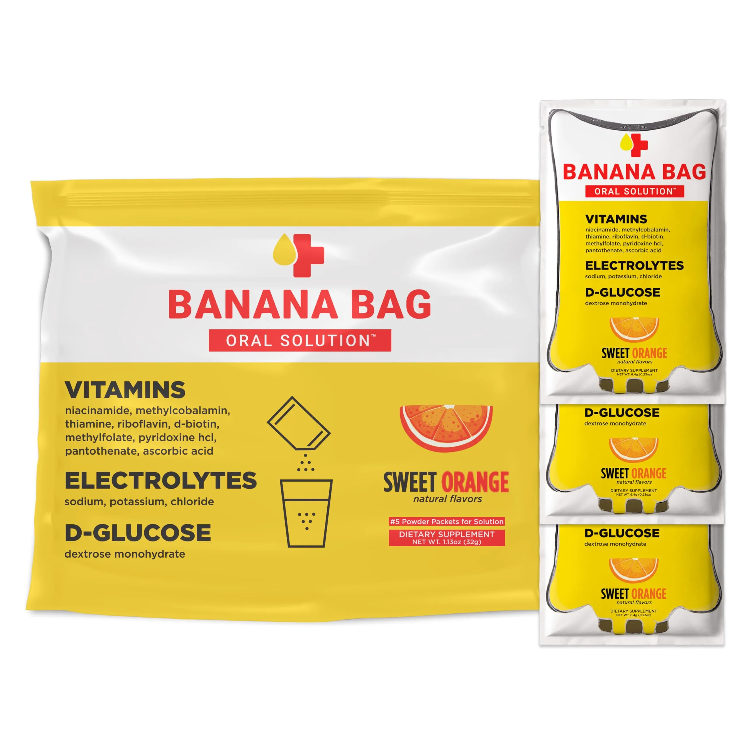 Banana Bag Oral Solution - Pharmacist Hydration Recovery Formula - Electrolyte & Vitamin Powder Packet Drink Mix - Sweet Orange - Pack of 3