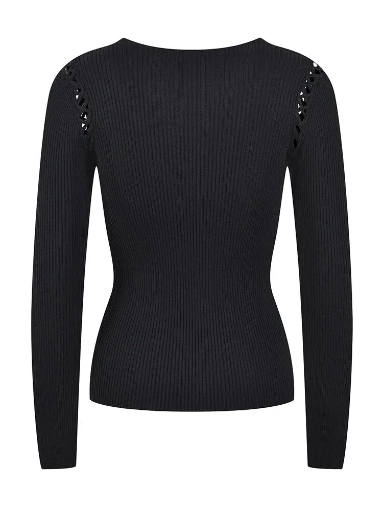 Bandage Solid Sweater For Women V Neck Long Sleeve Minimalist Cut Out Knitting Pullover Female Clothing