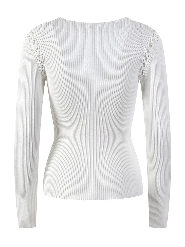 Bandage Solid Sweater For Women V Neck Long Sleeve Minimalist Cut Out Knitting Pullover Female Clothing