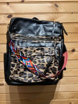 Bango Vegan Leather Backpack - Black with Leopard Pocket and accent (28)