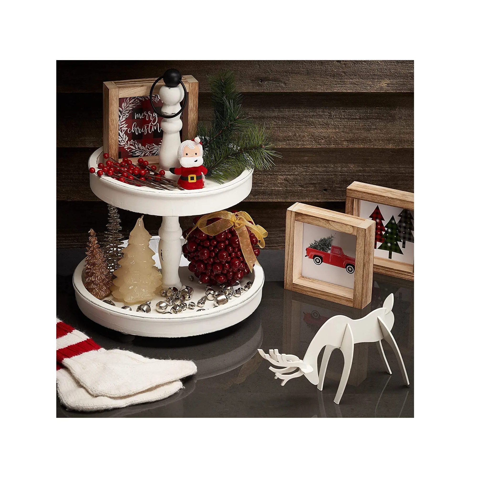 Beautiful Two Tiered Tray | Rustic Wooden Serving Tray Enhances Your Christmas Decor | Perfect