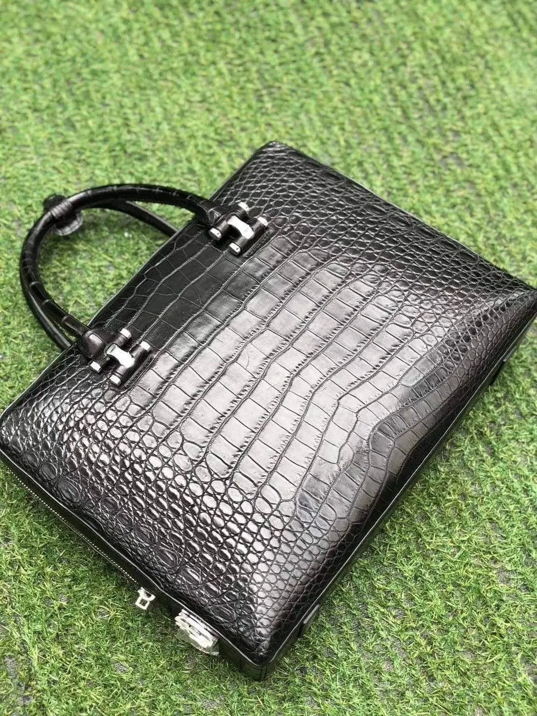 Black Genuine Crocodile  Leather Briefcase With Side Password Knock