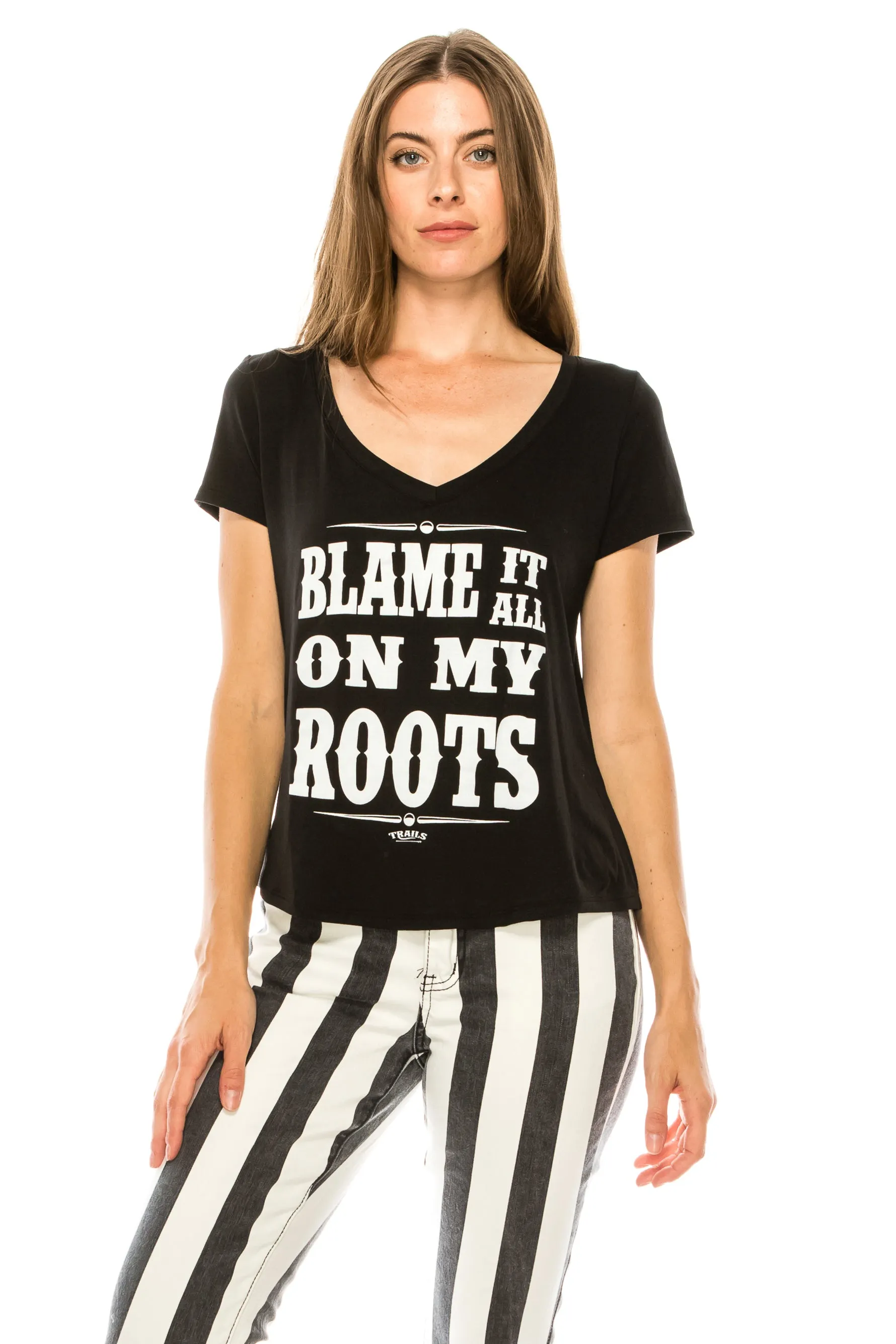 BLAME IT ON MY ROOTS SHORT SLEEVE V NECK TOP