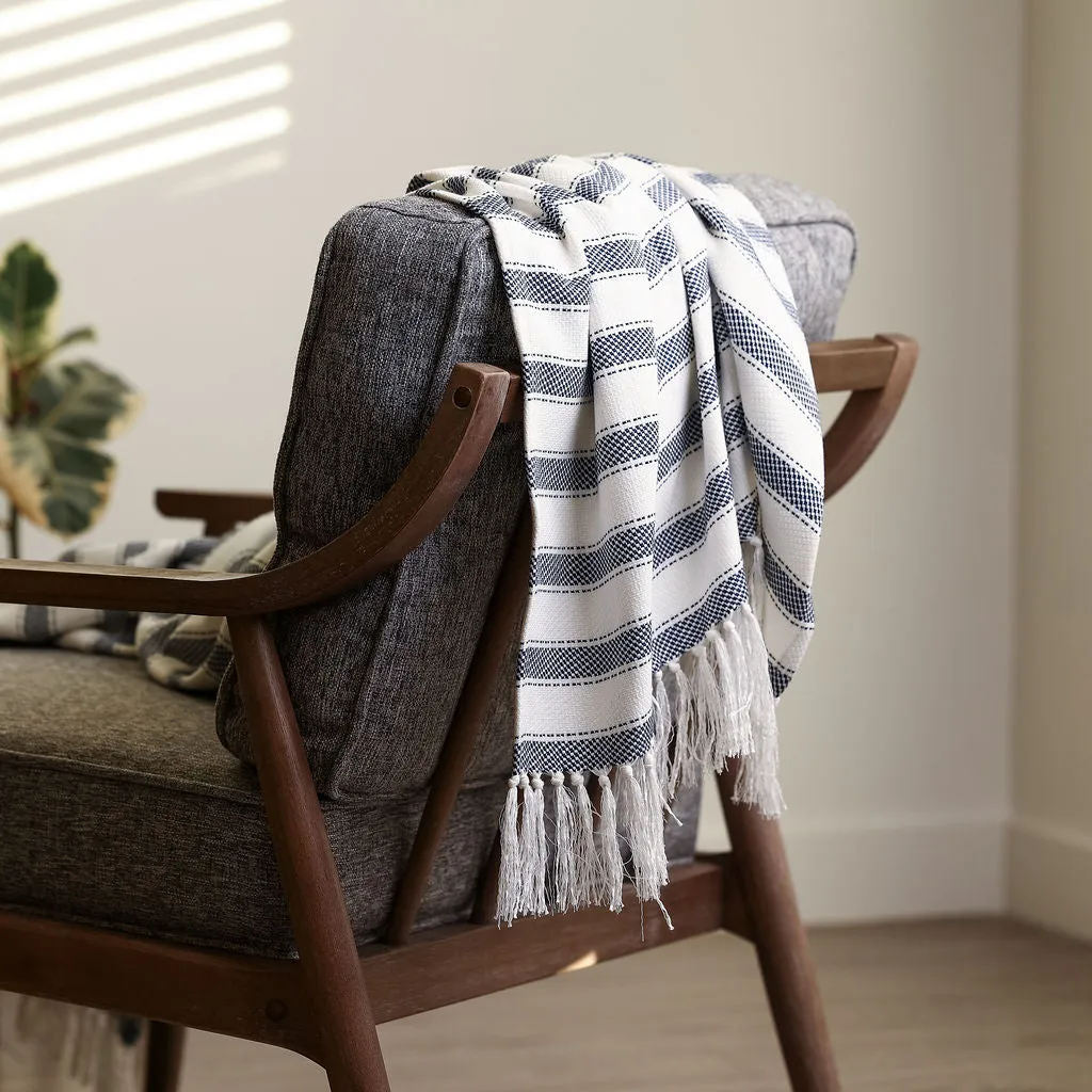 Blue and White Striped Throw Blanket 57" X 67"  3.5" TASSELS