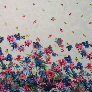 Blue Floral on White Printed Polyester Mikado Fabric