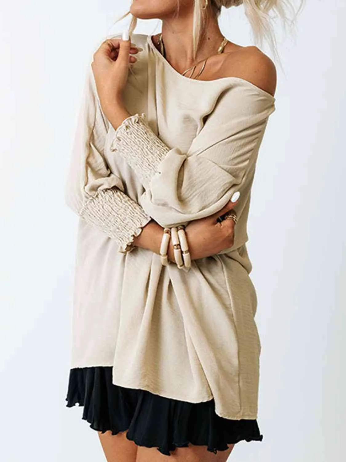 Boat Neck Three-Quarter Sleeve Blouse